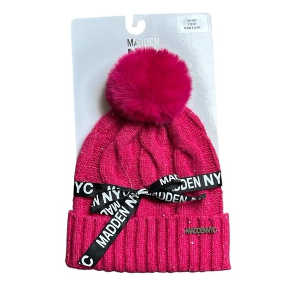 Steve Madden Women's Cable Knit Pom Pom Beanie Faux Fur Toque Hat Pink - Picture 1 of 6